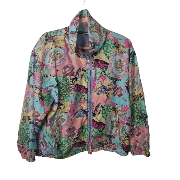 Mureli Vtg 80s silk bomber travel map jacket - Picture 1 of 10